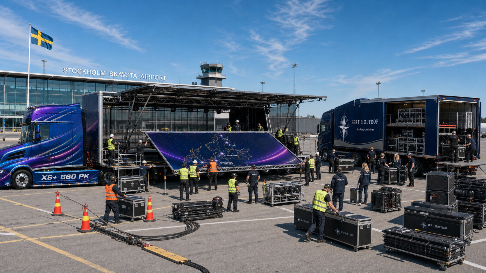 Teknisk team bygger mobilscenen op ved Stockholm Skavsta Lufthavn