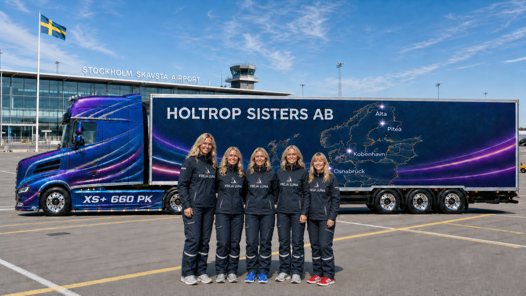 Team Freja Luna foran den lukkede mobilscene ved Skavsta Lufthavn